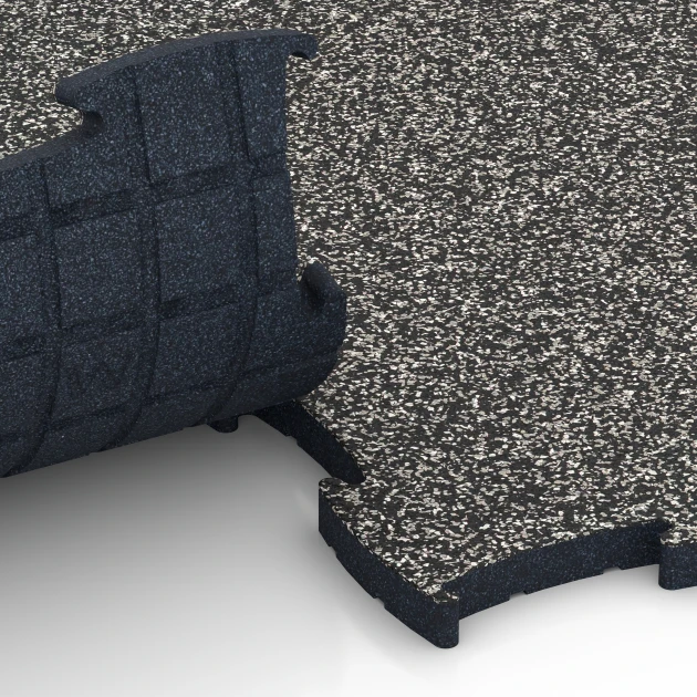 Großaufnahme vom Verbindungssystem von WARCO-Boden 6886 - Fitness Max Floor System im Farbdesign Dark Grey Granite. Abmessungen 97,1 x 97,1 x 2,8 cm.