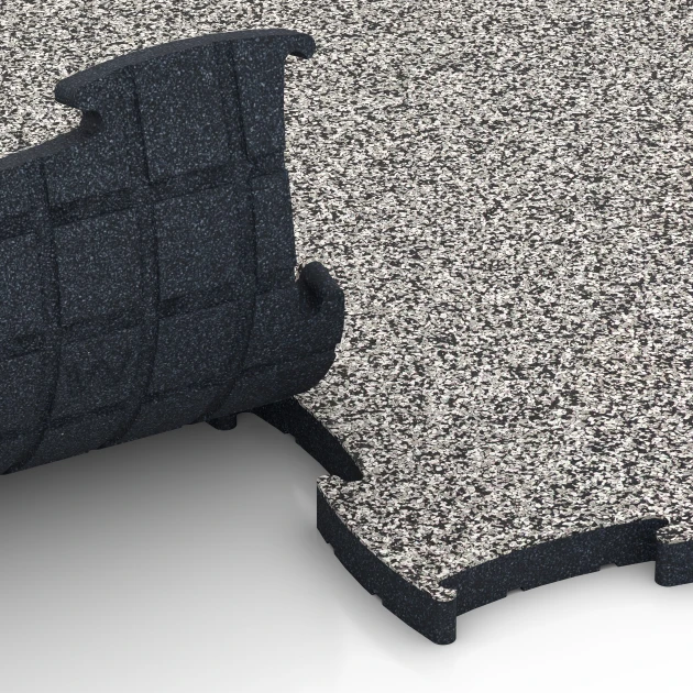 Großaufnahme vom Verbindungssystem von WARCO-Boden 6887 - Fitness Max Floor System im Farbdesign Grey Granite. Abmessungen 97,1 x 97,1 x 2,8 cm.