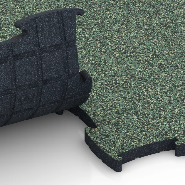 Großaufnahme vom Verbindungssystem von WARCO-Boden 6888 - Fitness Max Floor System im Farbdesign English Lawn. Abmessungen 97,1 x 97,1 x 2,8 cm.