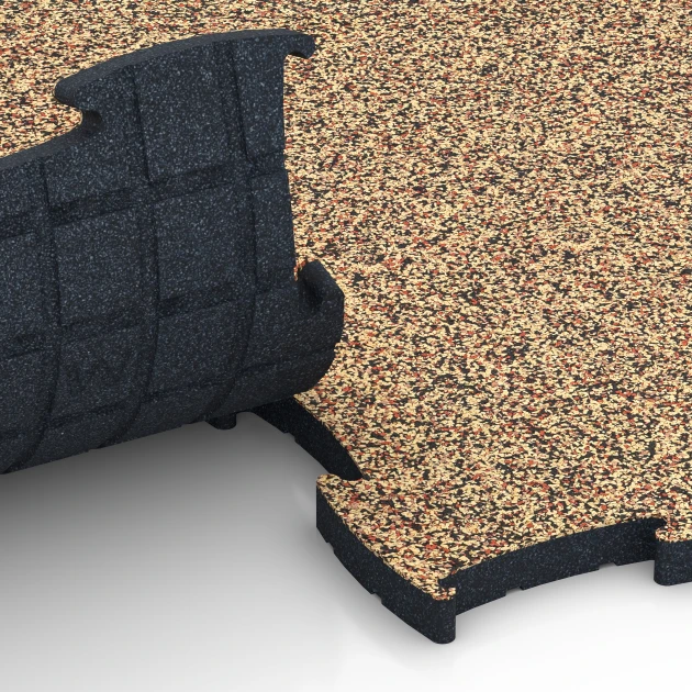 Großaufnahme vom Verbindungssystem von WARCO-Boden 6889 - Fitness Max Floor System im Farbdesign Terracotta. Abmessungen 97,1 x 97,1 x 2,8 cm.