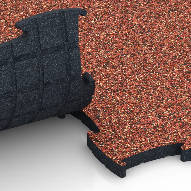 Großaufnahme vom Verbindungssystem von WARCO-Boden 6890 - Fitness Max Floor System im Farbdesign Embers. Abmessungen 97,1 x 97,1 x 2,8 cm.