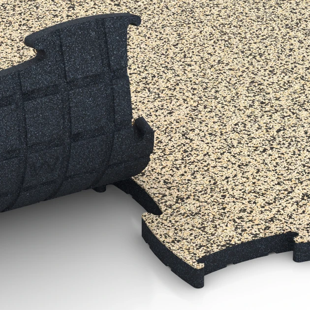 Großaufnahme vom Verbindungssystem von WARCO-Boden 6892 - Fitness Max Floor System im Farbdesign Travertine. Abmessungen 97,1 x 97,1 x 2,8 cm.
