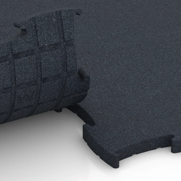 Großaufnahme vom Verbindungssystem von WARCO-Boden 6969 - Fitness Premium Performance Flooring im Farbdesign Anthracite. Abmessungen 99 x 99 x 2,8 cm.