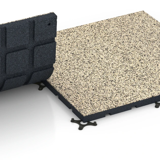 Großaufnahme vom Verbindungssystem von WARCO-Boden 7138 - Outdoor Gym Flooring im Farbdesign Travertine. Abmessungen 60 x 60 x 3 cm | 0,36 m².