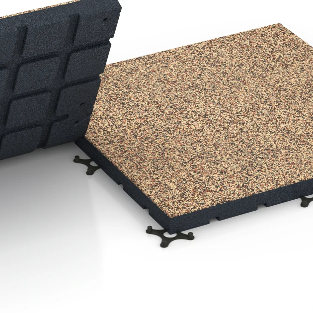Großaufnahme vom Verbindungssystem von WARCO-Boden 7144 - Outdoor Gym Flooring im Farbdesign Terracotta. Abmessungen 60 x 60 x 4 cm | 0,36 m².