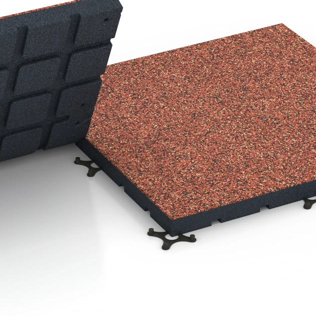 Großaufnahme vom Verbindungssystem von WARCO-Boden 7145 - Outdoor Gym Flooring im Farbdesign Embers. Abmessungen 60 x 60 x 4 cm | 0,36 m².