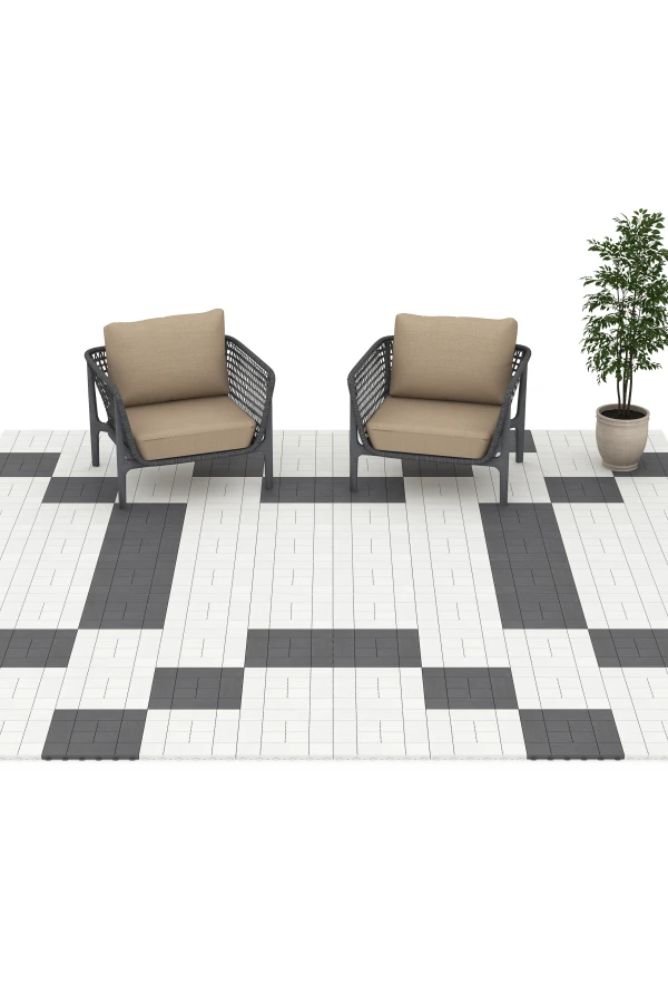 Beispielhafte Verlegung für den Artikel 6237 von WARCO - Panel Pattern – Deck Tile, Farbton Silver Grey in der Abmessung 38,5 x 38,5 x 2 cm.