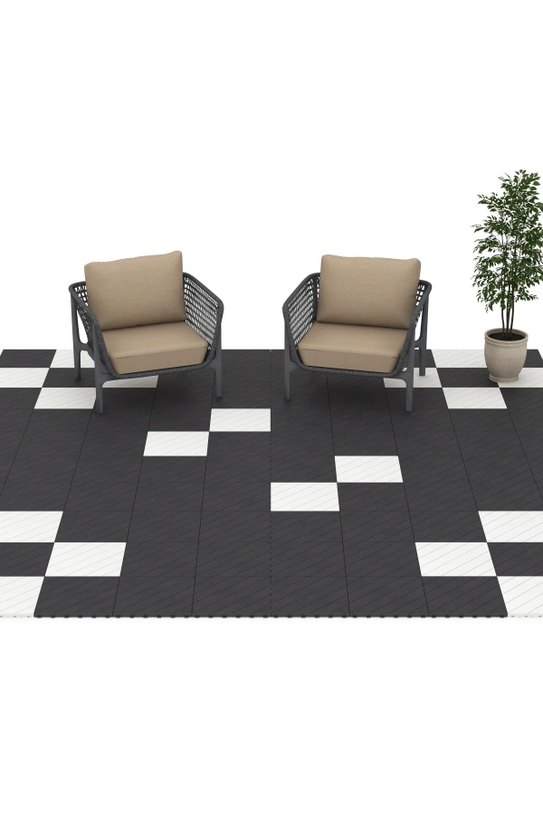 Beispielhafte Verlegung für den Artikel 6325 von WARCO - Herringbone – Deck Tile, Farbton Slate in der Abmessung 38,5 x 38,5 x 2 cm.