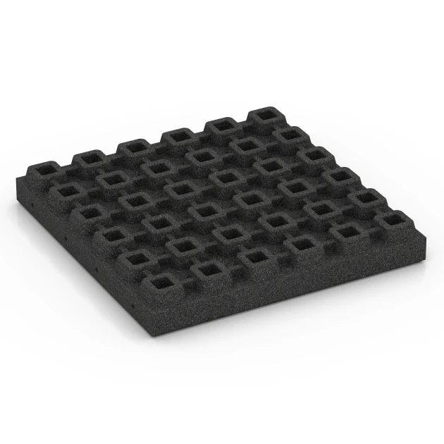 Aufsicht auf die Unterseite, also die Bodenseite von WARCO-Formteil 6295 - Playground Safety Tiles im Format 50 x 50 x 7 cm.