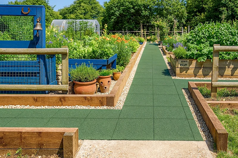 A straight garden path with green rubber tiles runs through a kitchen and ornamental garden with wooden raised beds. The elastic rubber granulate tiles provide a non-slip, weatherproof and low-maintenance surface. The side gravel edging ensures clear boundaries and a neat overall appearance. Ideal for allotments, vegetable plots and garden paths with secure footing.